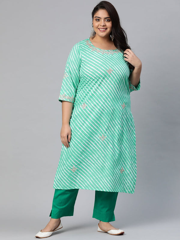 Women's Green Leheriya Cotton Gota Patti  Straight Kurta - Wahenoor