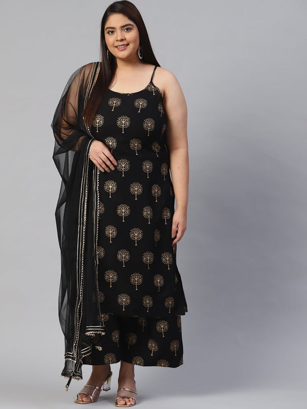 Women's Black Shoulder Strip Kurta Palazoo Set With Net Dupatta - Noz2Toz