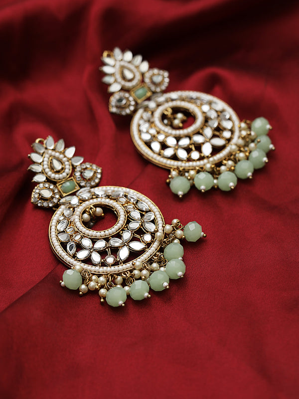 Women's Mint Green Gold-Plated stone Studded & Beadded Crescent Shaped Chandbalis Earrings - Jazz and Sizzle