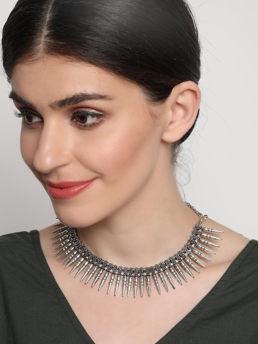 Women's Silver-Plated Spiked Oxidised Tribal Necklace - Jazz and Sizzle - Indiakreations