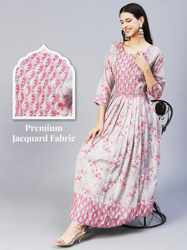 Floral Printed Mirror Embroidered Jacquard Dress With Embroidered Belt - Grey - Indiakreations