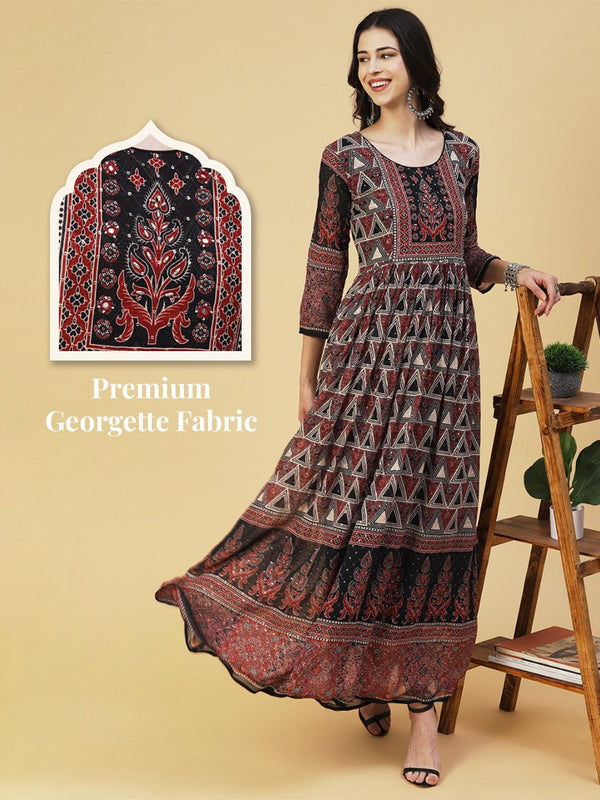 Ethnic Geometric Printed & Embroidered Fit & Flare Maxi Dress - Multi - Indiakreations