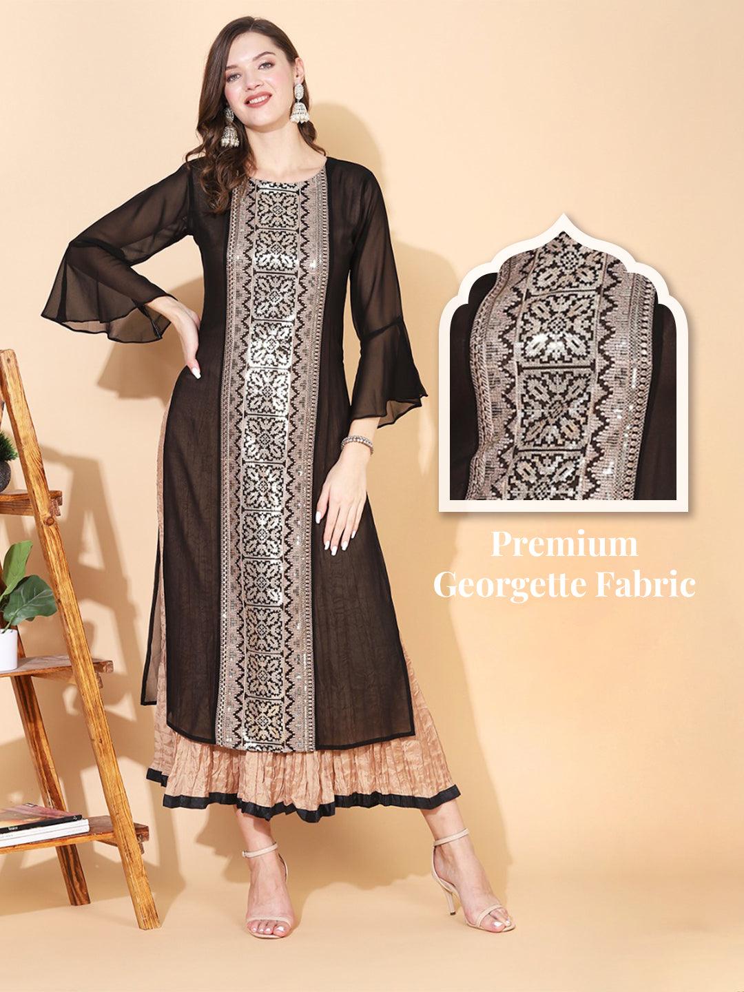 Solid Resham Embroidered Dress With Tiered Inner - Black & Beige - Indiakreations