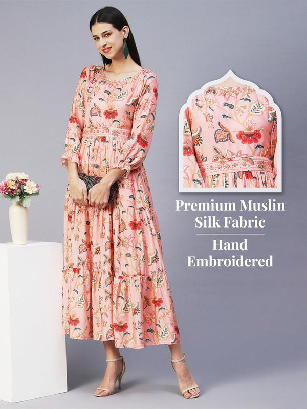 Floral Hand Embroidered Tiered Dress With Embroidered Belt - Peach - Indiakreations