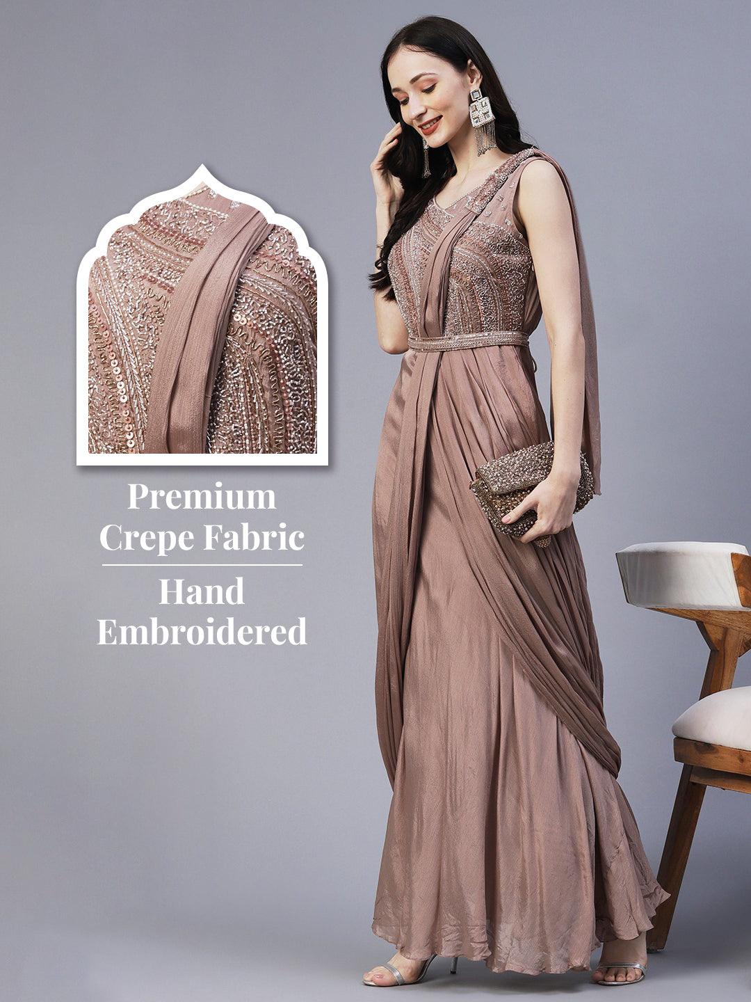 Solid Hand Embroidered Gown With Stitched Pleated Dupatta & Embroidered Waist Belt - Beige - Indiakreations