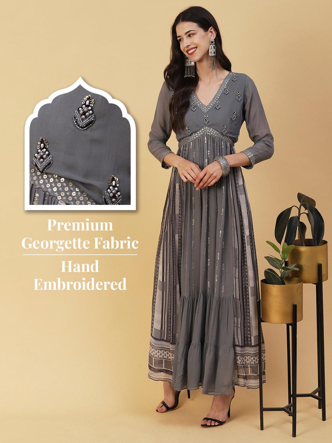 Ethnic Embroidered Solid Fit & Flare Maxi Dress - Grey - Indiakreations