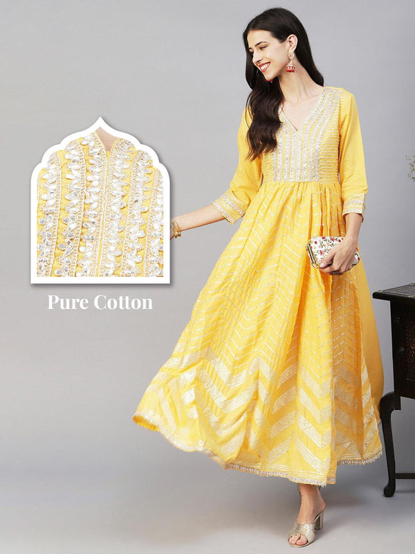 Solid Gotapatti & Gota Lace Applique Embroidered Flared Gown - Yellow - Indiakreations