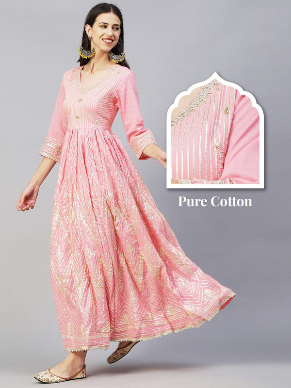 Solid Gota Lace & Gotapatti Embroidered Flared Gown - Pink - Indiakreations