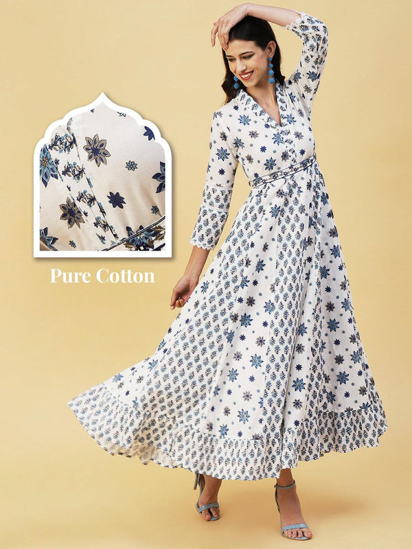 Floral Block Printed Anarkali Maxi Gown With Mirror Embroidered Waist Belt - White & Blue - Indiakreations