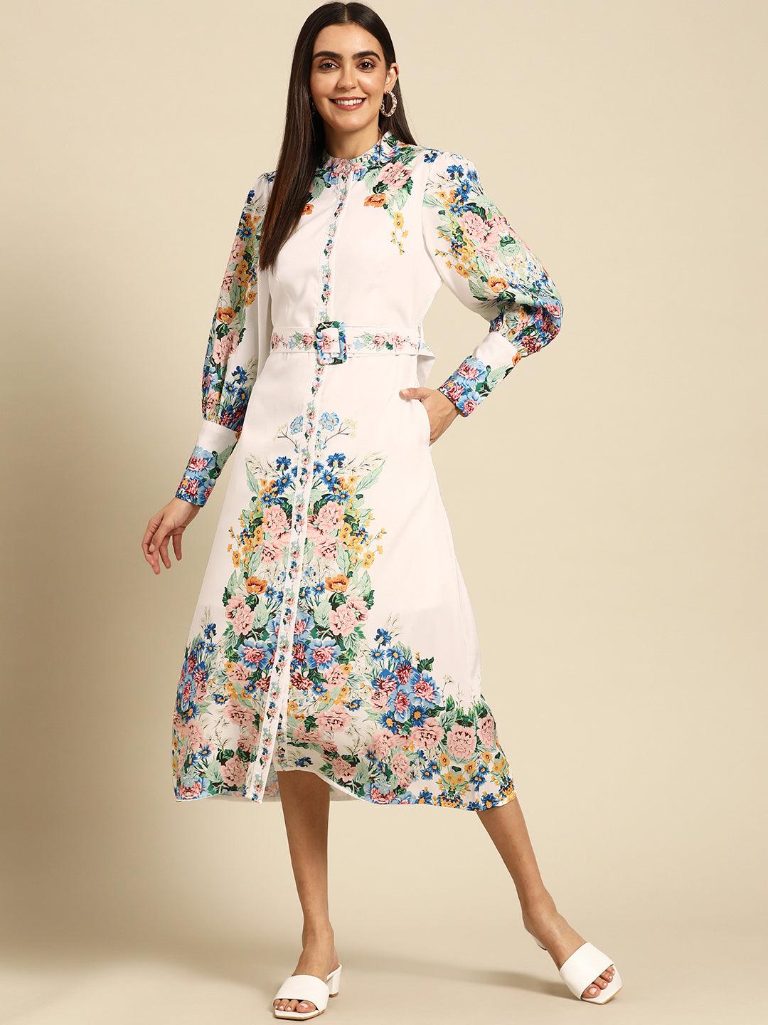 Vintage Floral Printed Straight Dress with Belt - White - Indiakreations