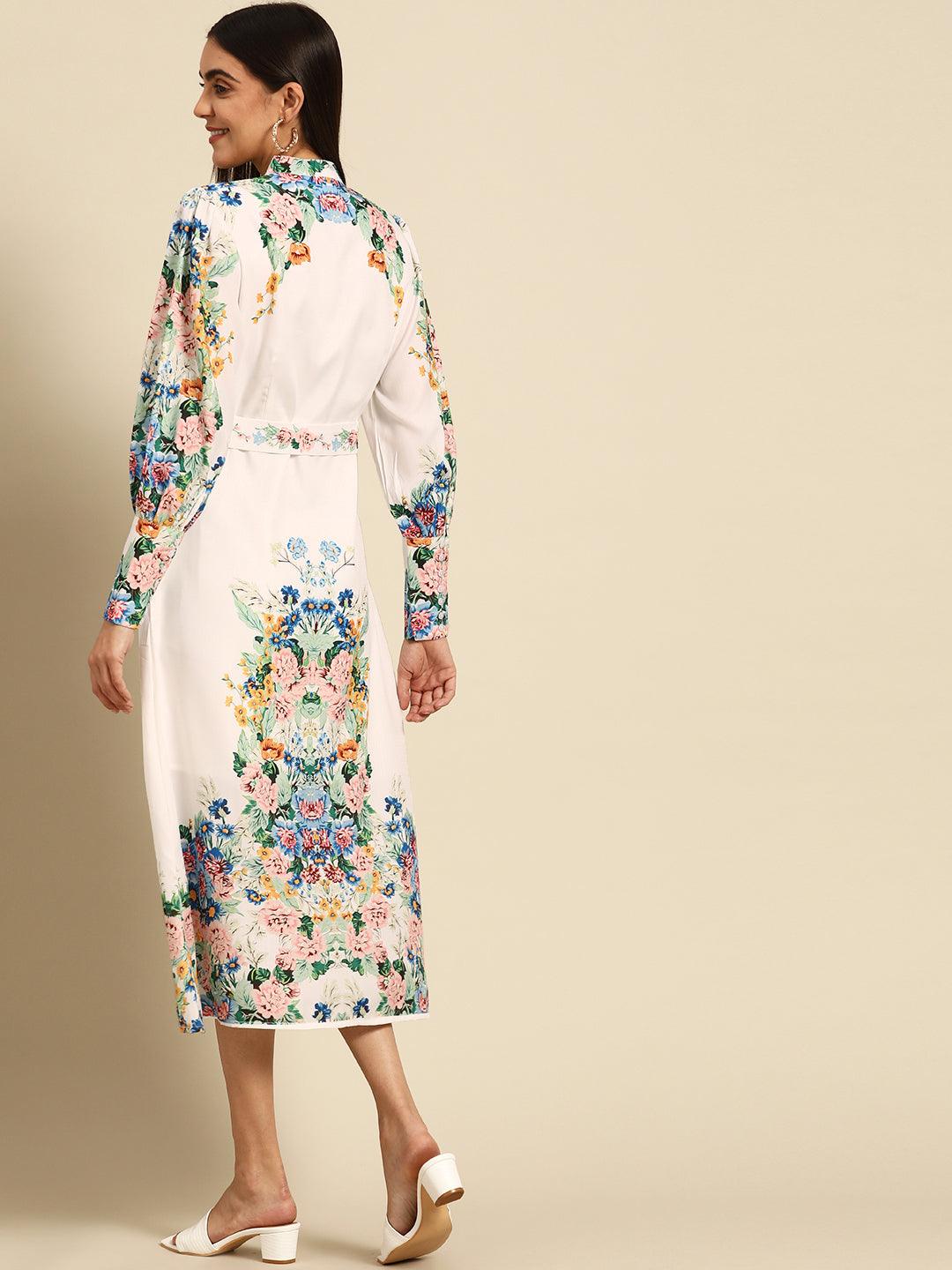 Vintage Floral Printed Straight Dress with Belt - White - Indiakreations