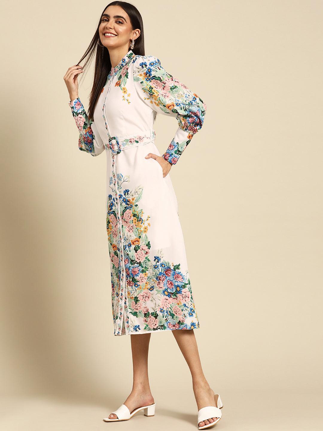 Vintage Floral Printed Straight Dress with Belt - White - Indiakreations