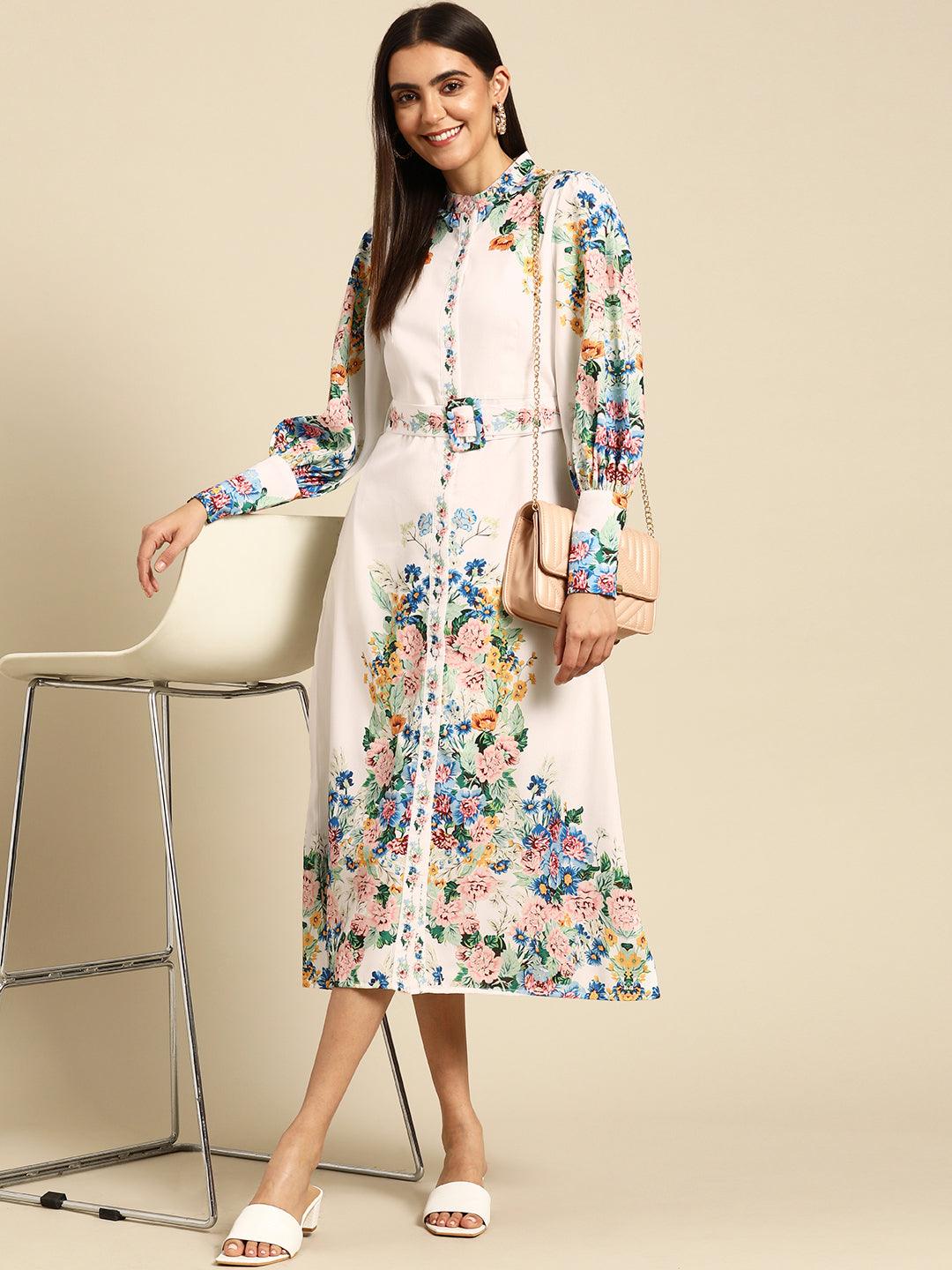 Vintage Floral Printed Straight Dress with Belt - White - Indiakreations