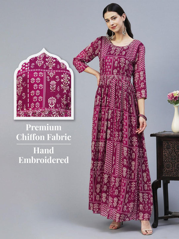 Ethnic Floral Printed & Hand Embroidered Fit & Flare Maxi Dress - Magenta - Indiakreations