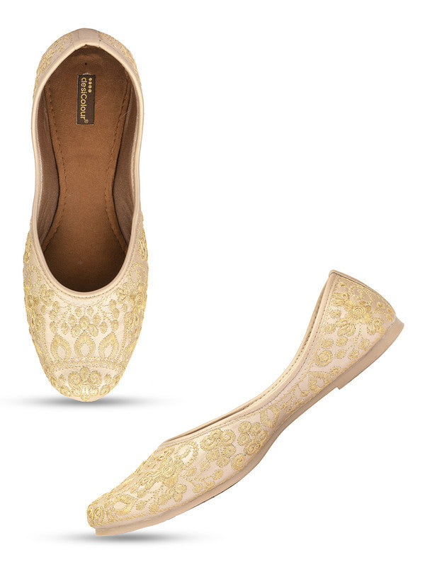 Women's Golden Embroidered Indian Handcrafted Ethnic Comfort Footwear - Desi Colour