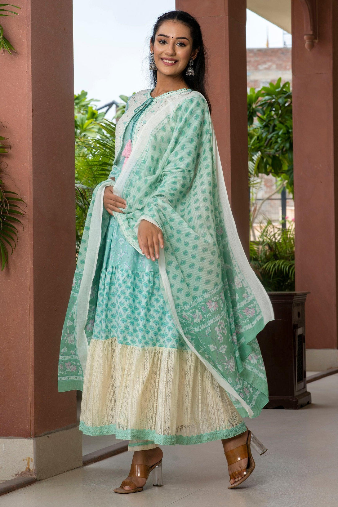 Women's Green Color Cotton Printed Schiffli& Sequence Work Anarkali With Jecket - PREKSHA - Indiakreations