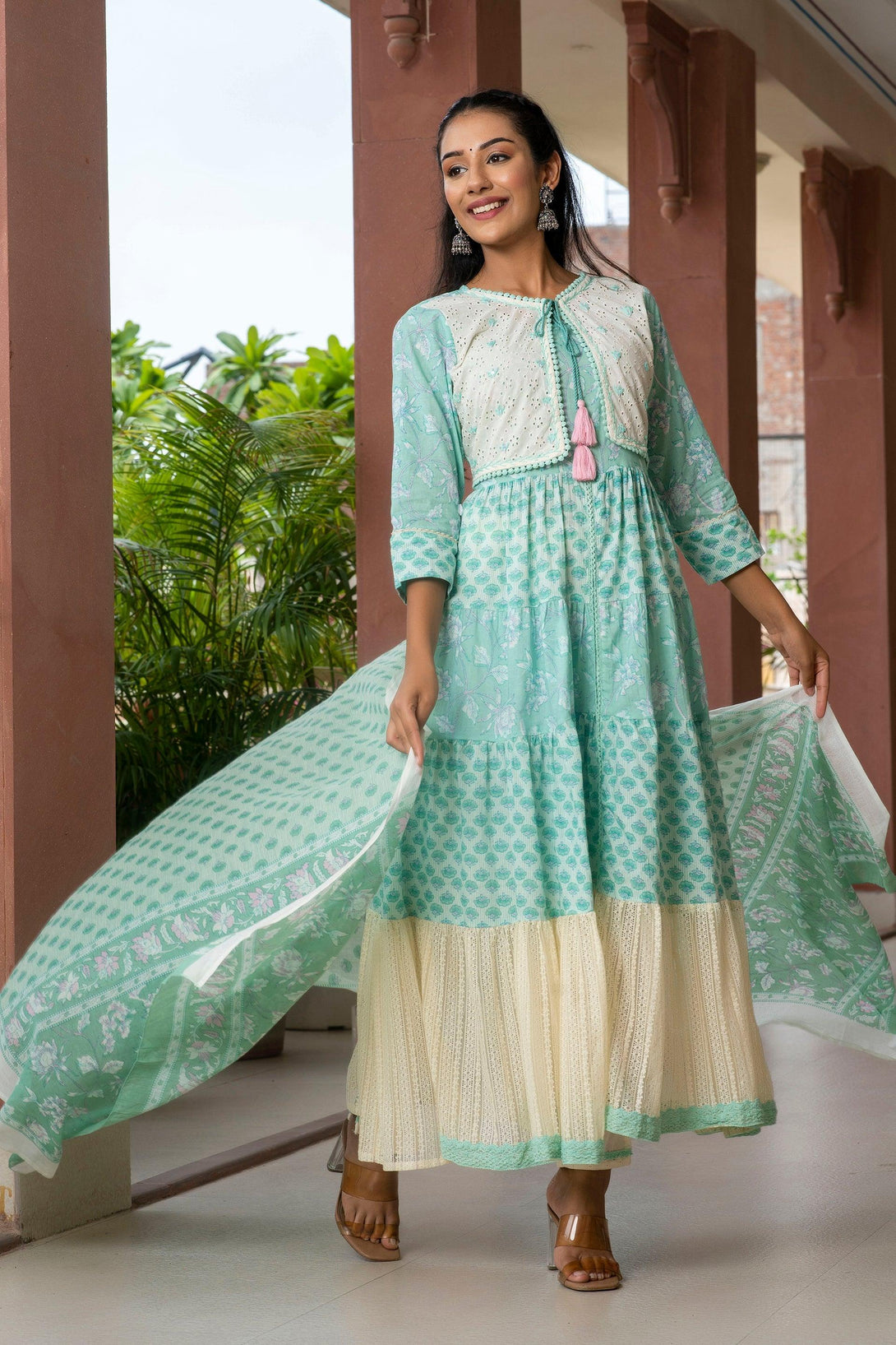 Women's Green Color Cotton Printed Schiffli& Sequence Work Anarkali With Jecket - PREKSHA - Indiakreations