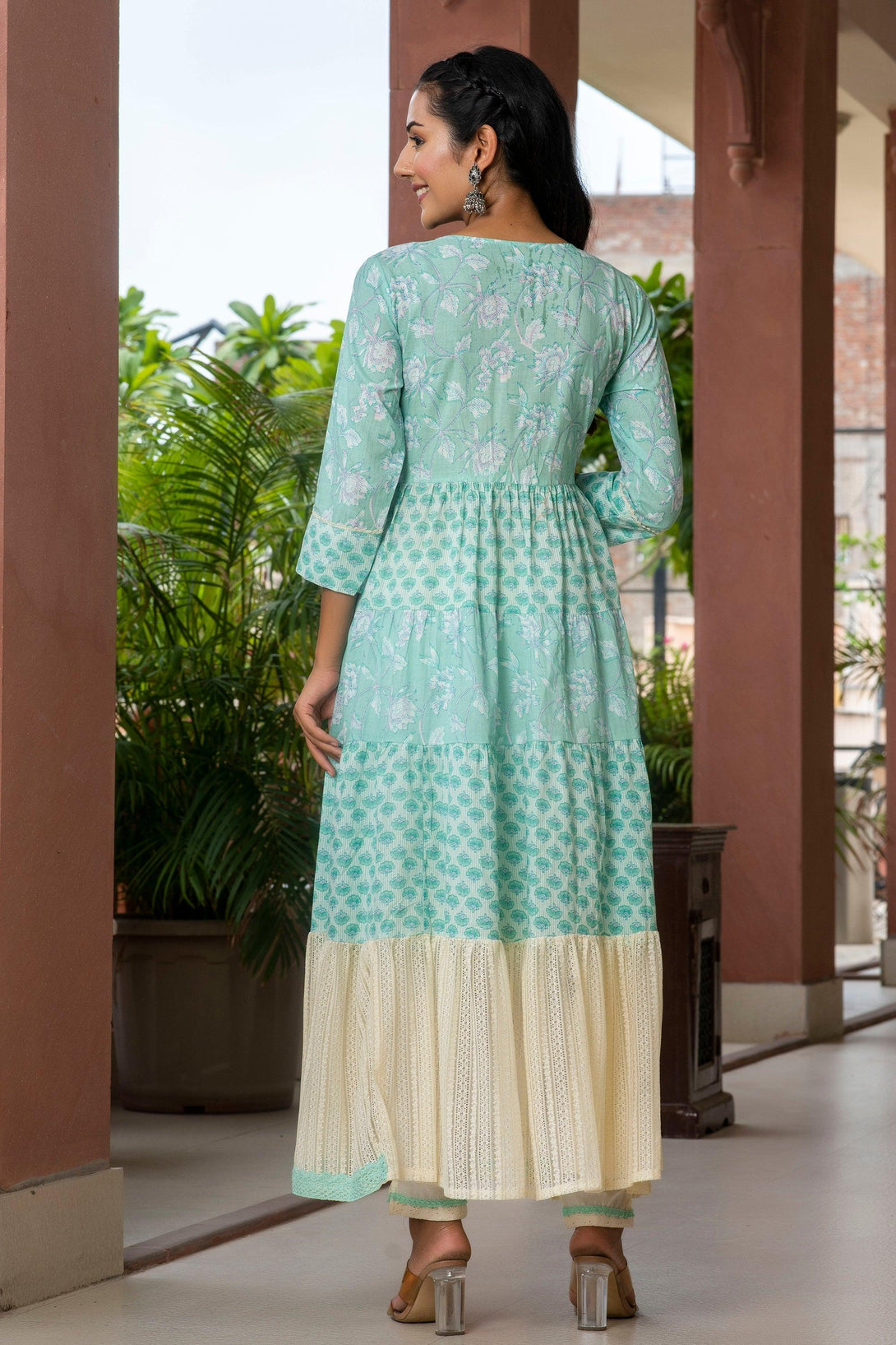 Women's Green Color Cotton Printed Schiffli& Sequence Work Anarkali With Jecket - PREKSHA - Indiakreations