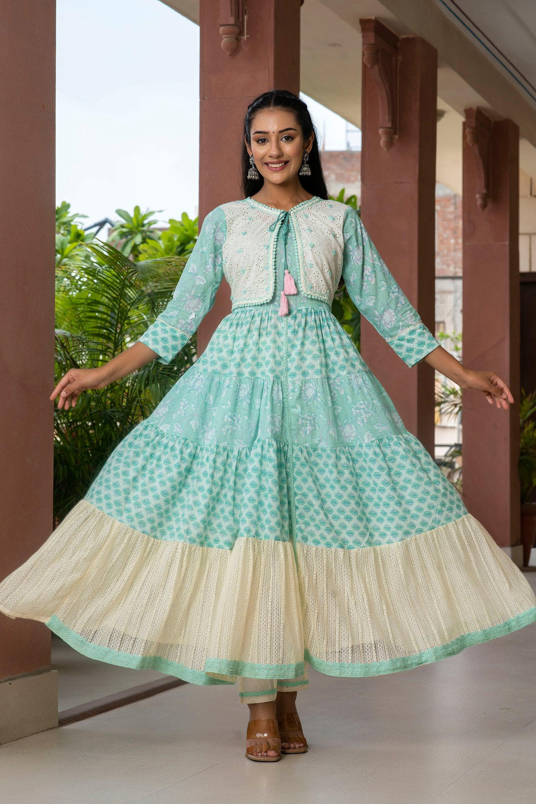 Women's Green Color Cotton Printed Schiffli& Sequence Work Anarkali With Jecket - PREKSHA - Indiakreations