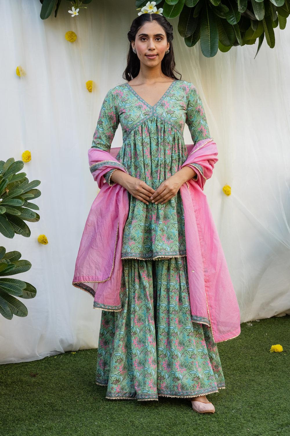 Mehfil Light Green Gharara Set - Indiakreations