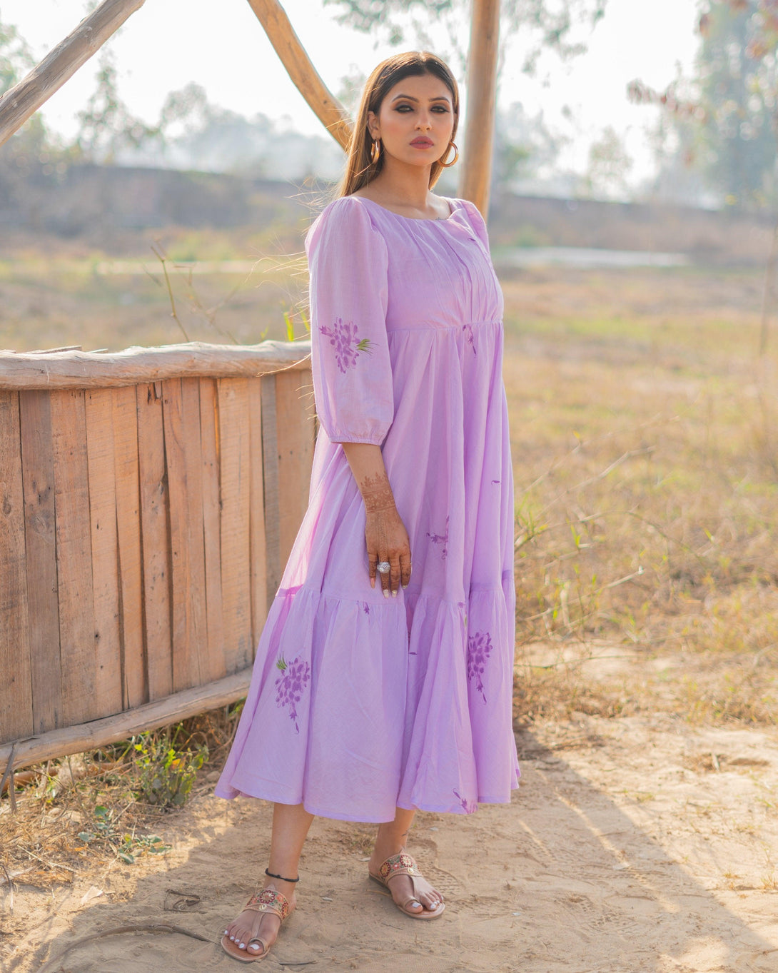 Women's Lavender Mulmul Dress - Baisacrafts - Indiakreations