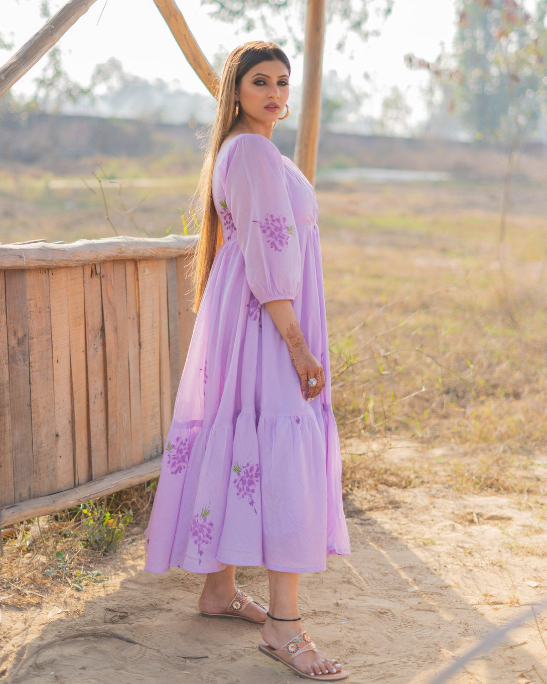 Women's Lavender Mulmul Dress - Baisacrafts - Indiakreations