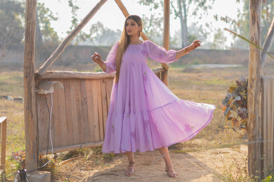 Women's Lavender Mulmul Dress - Baisacrafts - Indiakreations