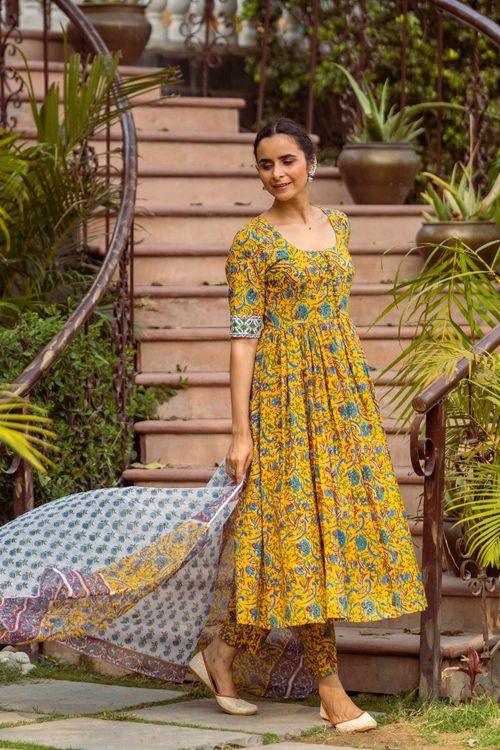 Mustard hand block Anarkali Set - Indiakreations