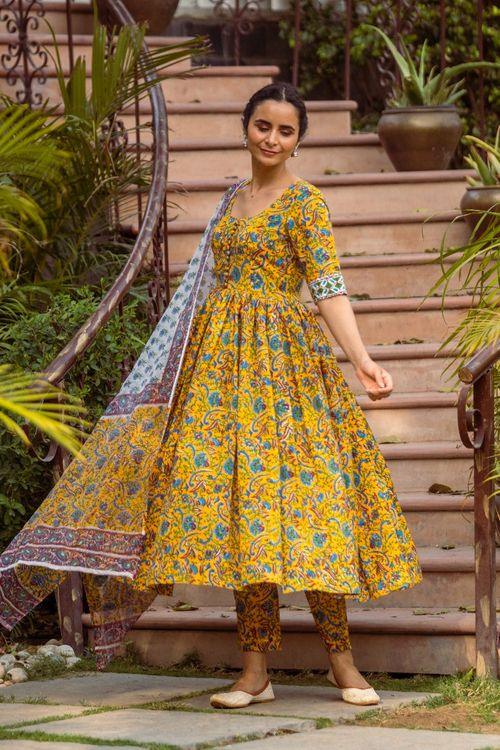 Mustard hand block Anarkali Set - Indiakreations