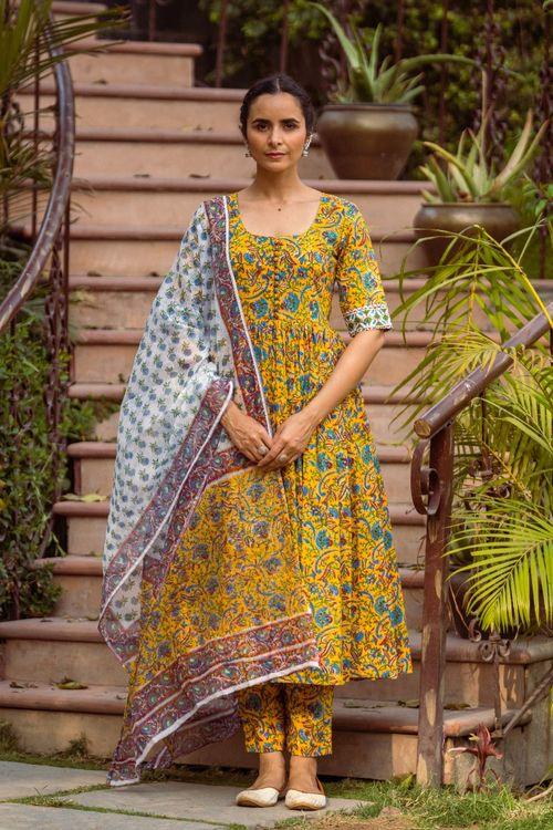 Mustard hand block Anarkali Set - Indiakreations