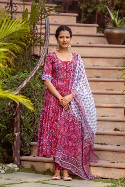 Red handblock Anarkali Set - Indiakreations