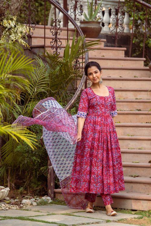 Red handblock Anarkali Set - Indiakreations