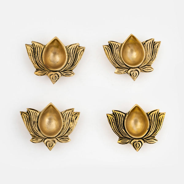 Brass Lotus Diya Set Of 4 - Default Title - DecorTwist