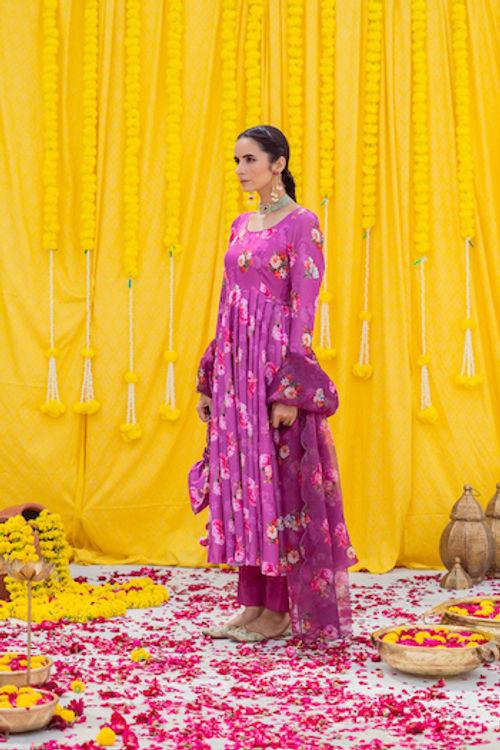 Magenta Printed Anarkali Set - Indiakreations