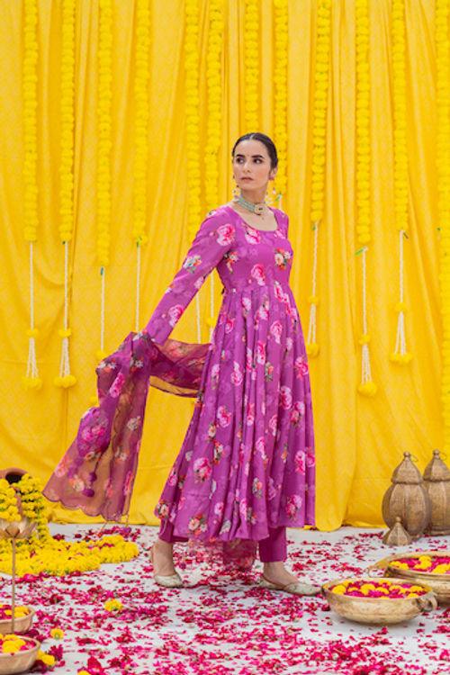 Magenta Printed Anarkali Set - Indiakreations