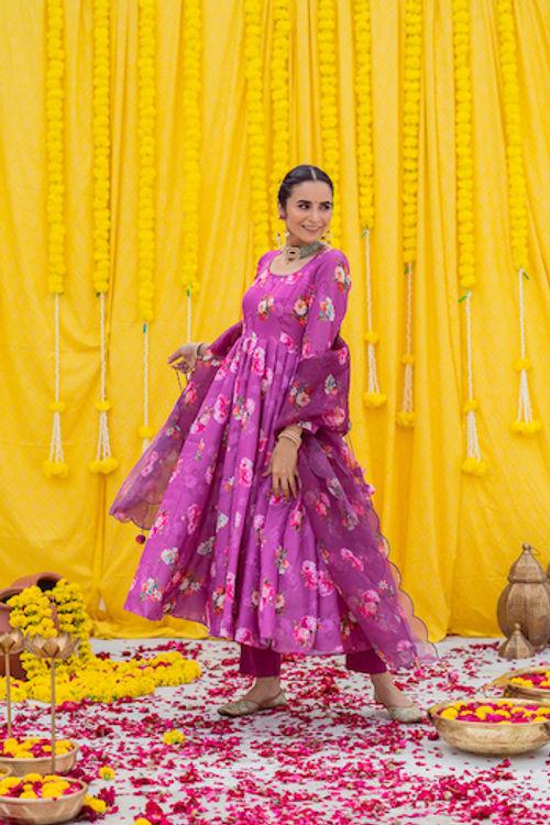 Magenta Printed Anarkali Set - Indiakreations