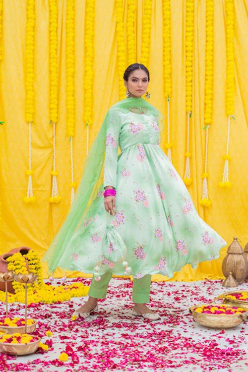 Pista Green Printed Anarkali Set - Indiakreations