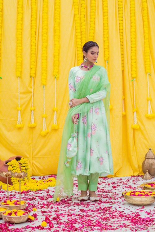 Pista Green Printed Anarkali Set - Indiakreations