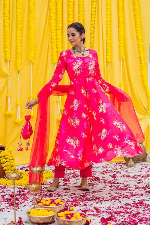 Rani Pink Printed Anarkali Set - Indiakreations