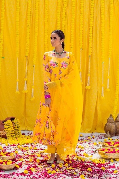 Yellow Printed Anarkali Set - Indiakreations