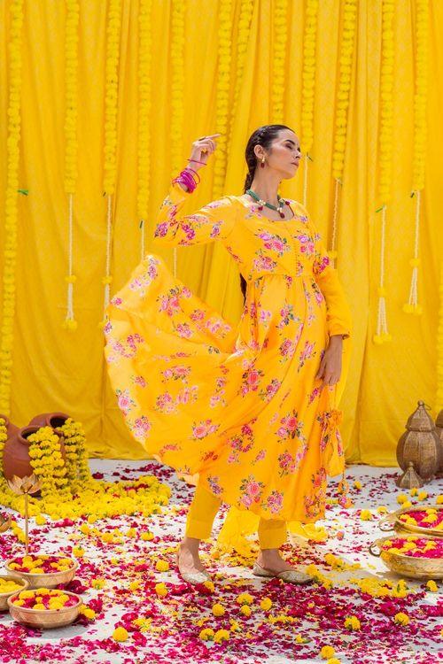 Yellow Printed Anarkali Set - Indiakreations