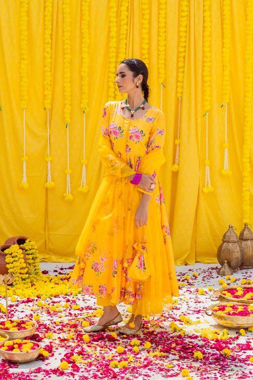 Yellow Printed Anarkali Set - Indiakreations