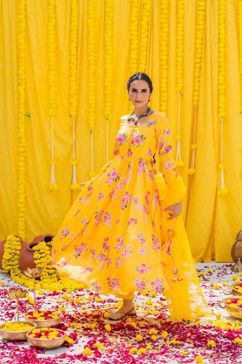 Yellow Printed Anarkali Set - Indiakreations