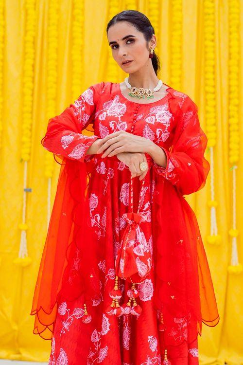 Red Printed Anarkali Set - Indiakreations