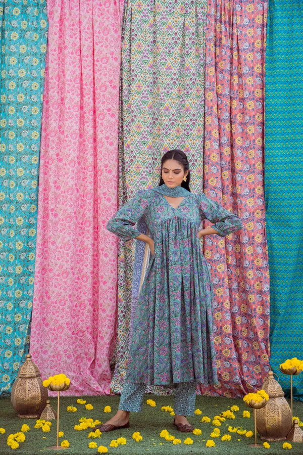 Multicolour gathered Anarkali set - Indiakreations