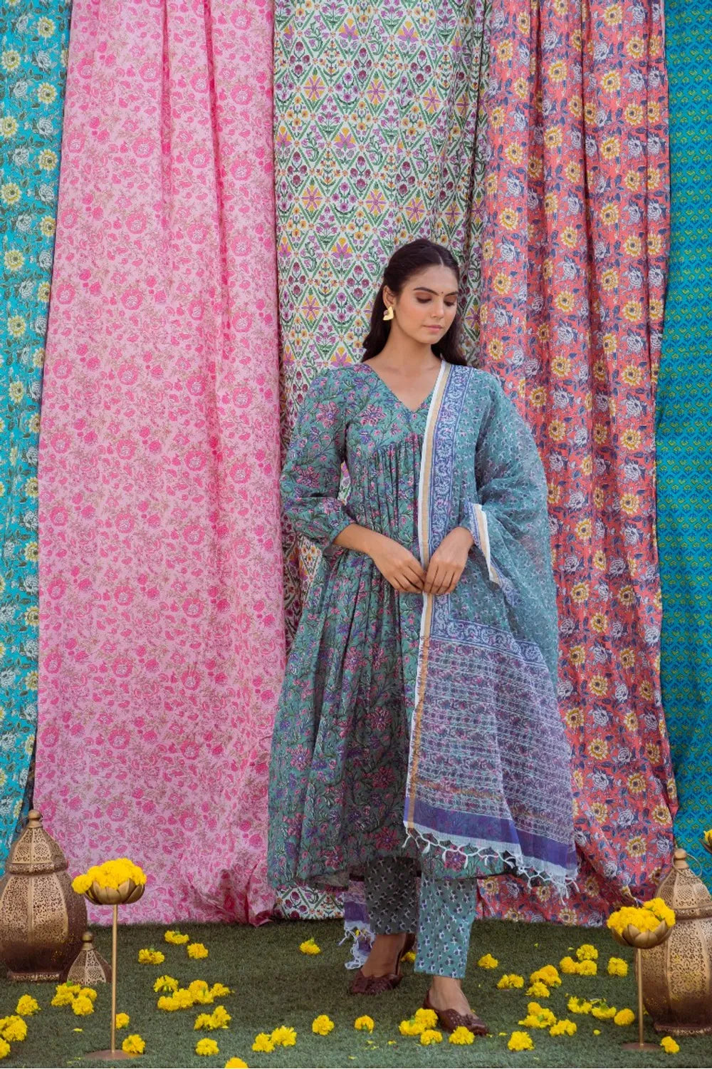 Multicolour gathered Anarkali set - Indiakreations