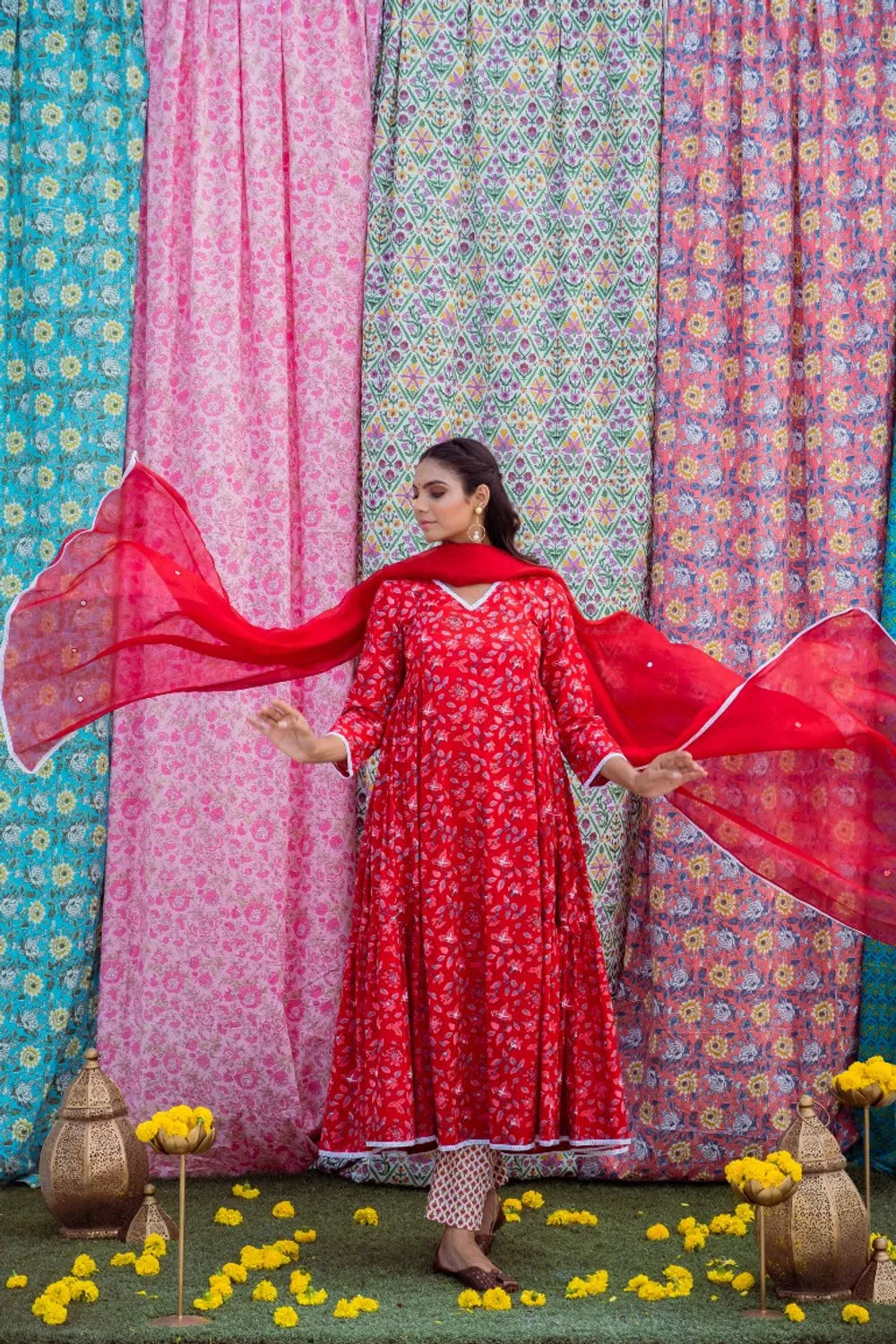 Red White Anarkali Set - Indiakreations