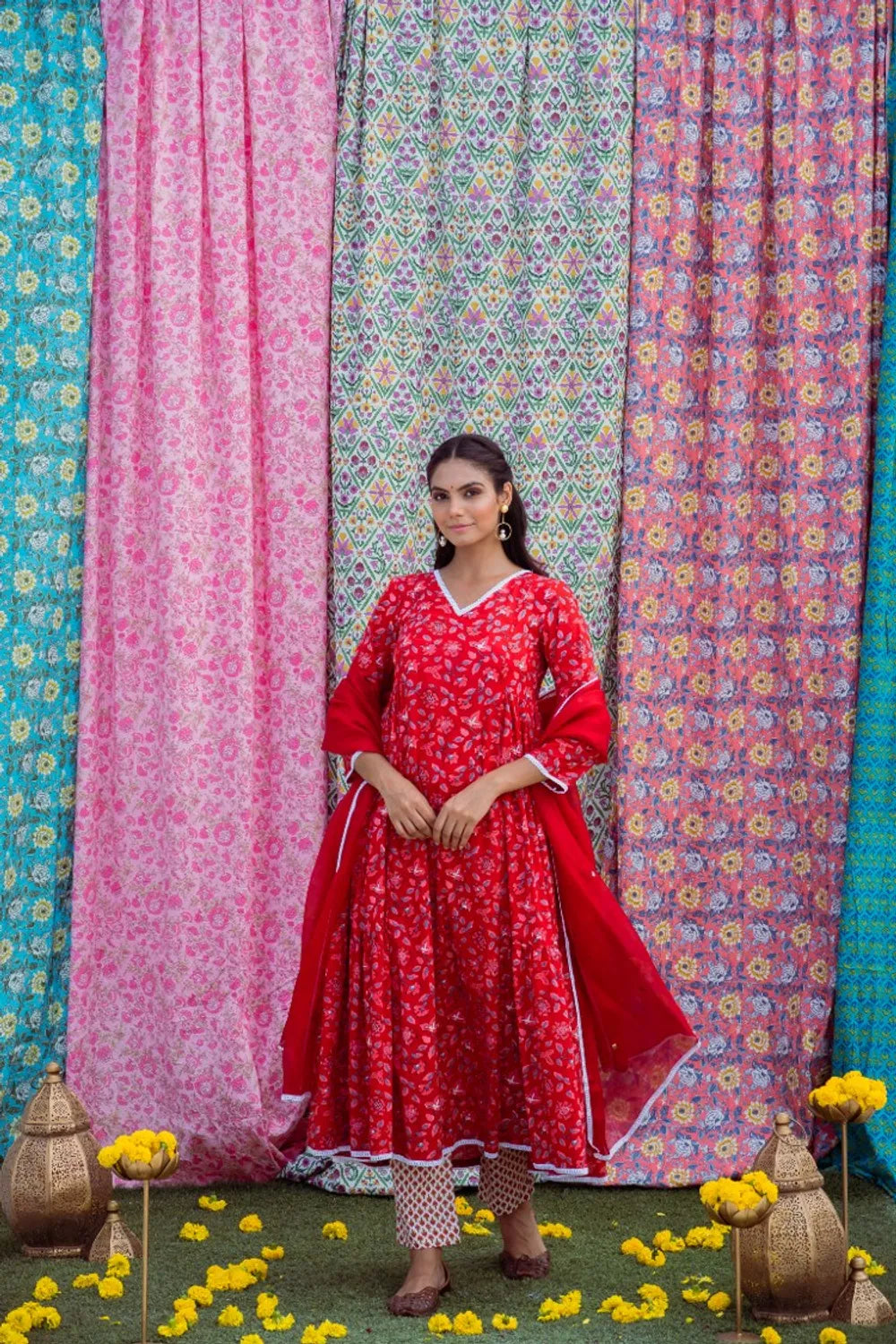 Red White Anarkali Set - Indiakreations