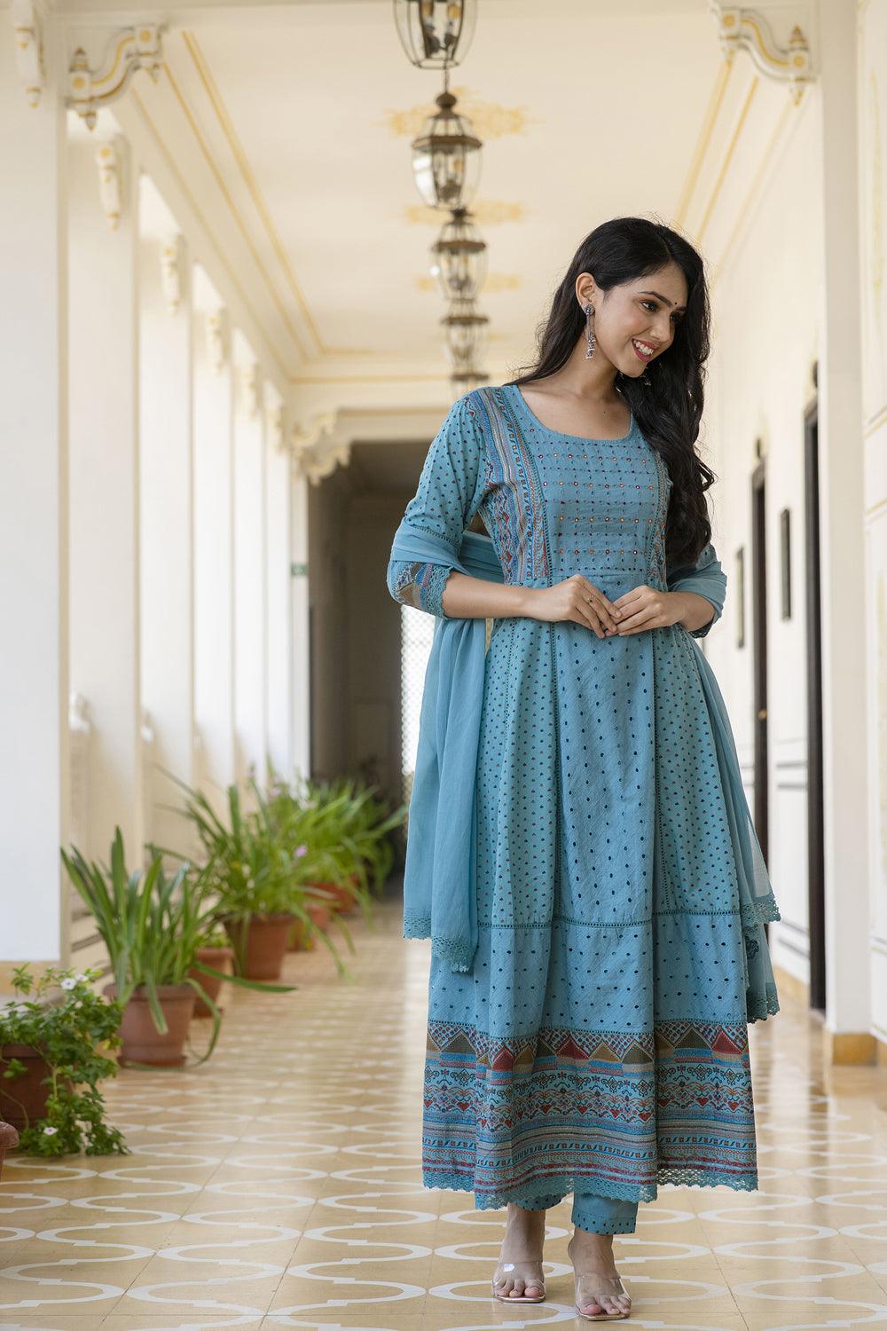 Women's Blue Color Cotton Printed Schiffli& Sequence Work Anarkali Kurta Sets,S - PREKSHA - Indiakreations