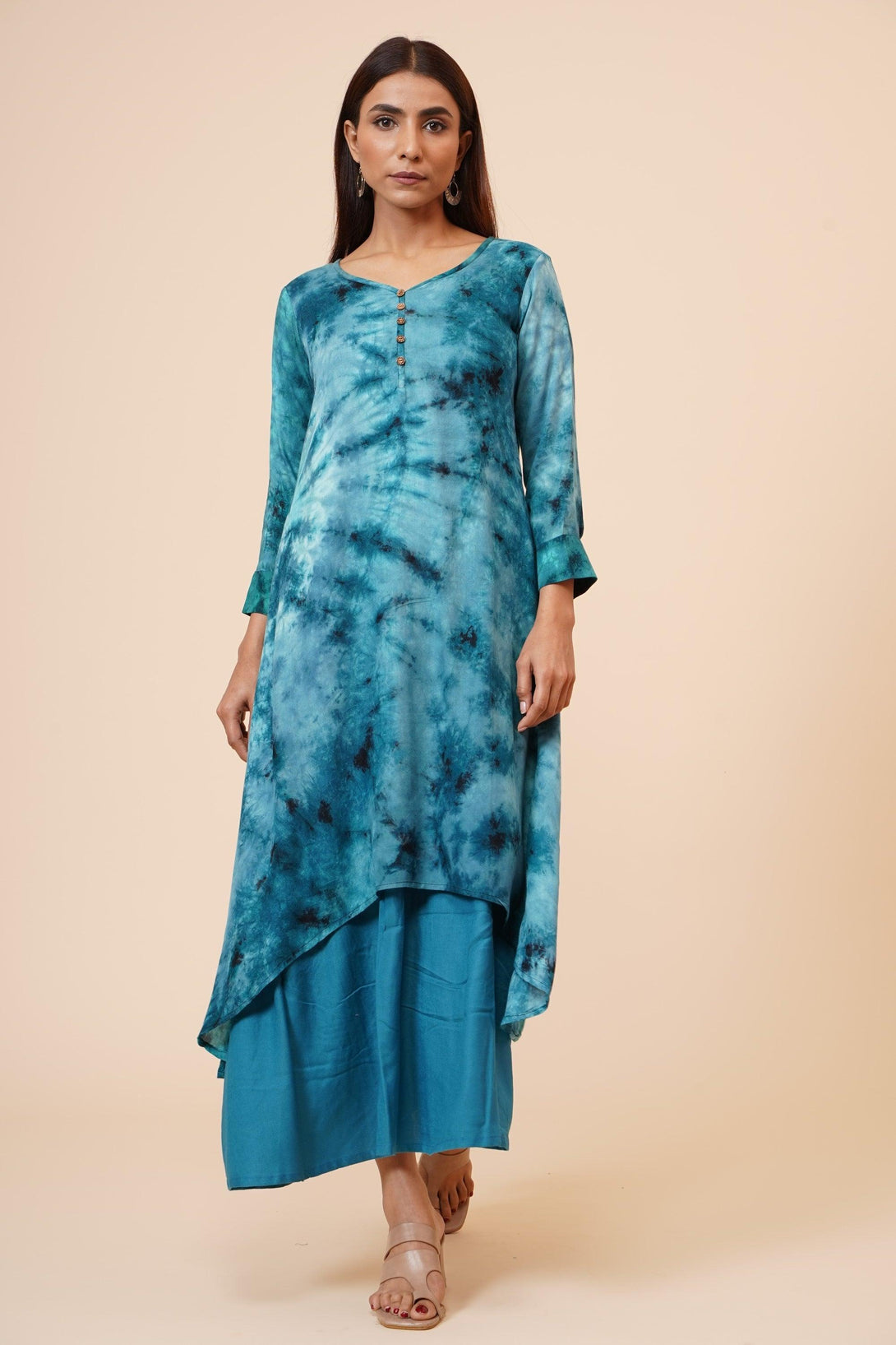 Women's Indian Tie N Dye Kurti With Wooden Button Placket And Cuff - MIRACOLOS by Ruchi - Indiakreations